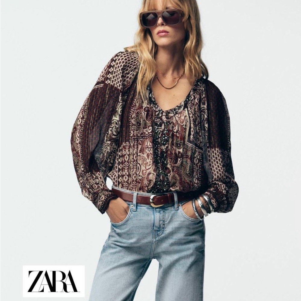 Zara NWT metallic thread beaded printed blouse